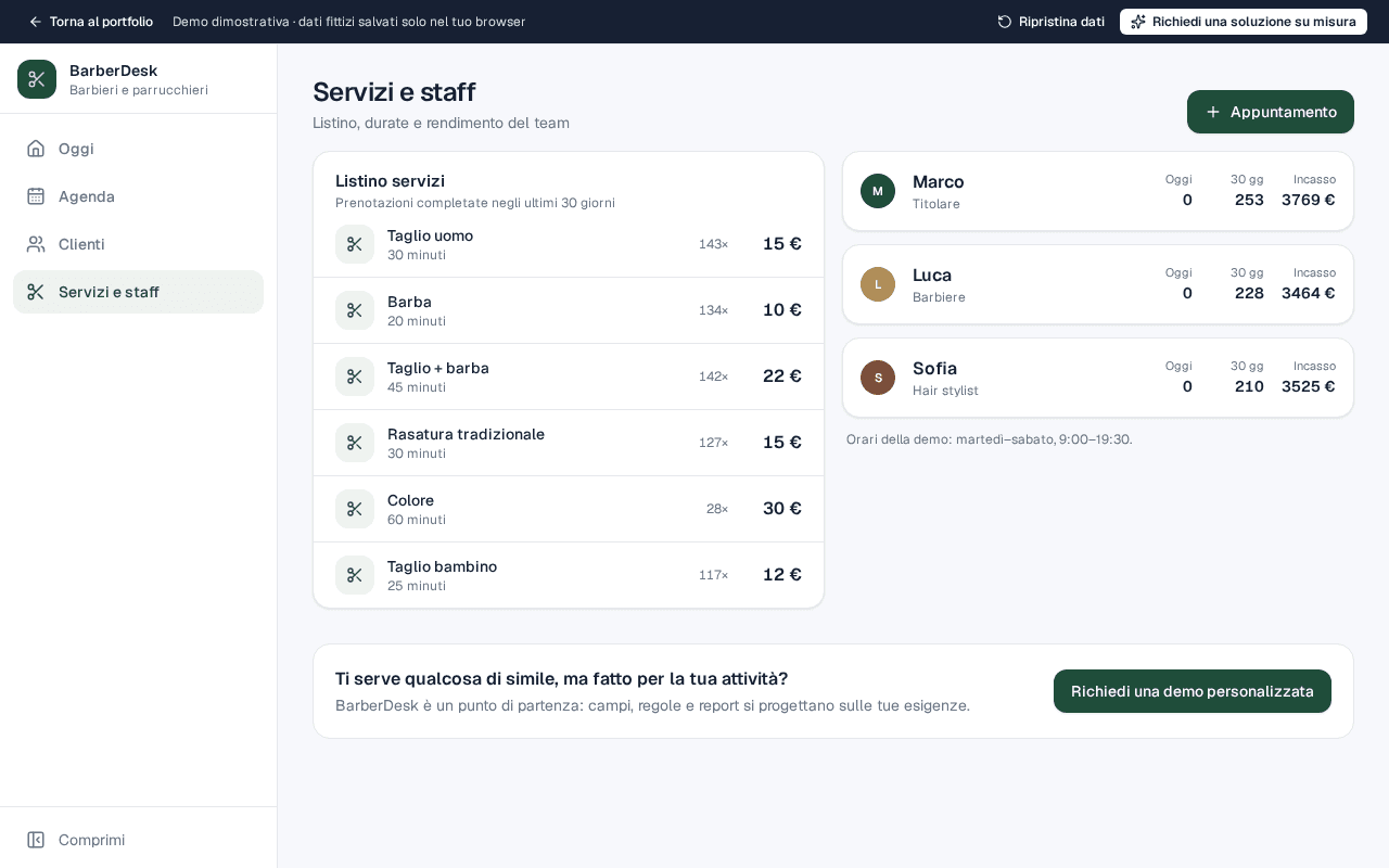 BarberDesk: catalogo servizi, durata e prezzo — schermata con dati fittizi