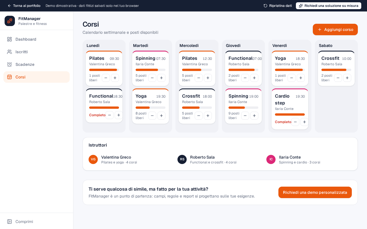 FitManager: corsi settimanali e posti disponibili — schermata con dati fittizi