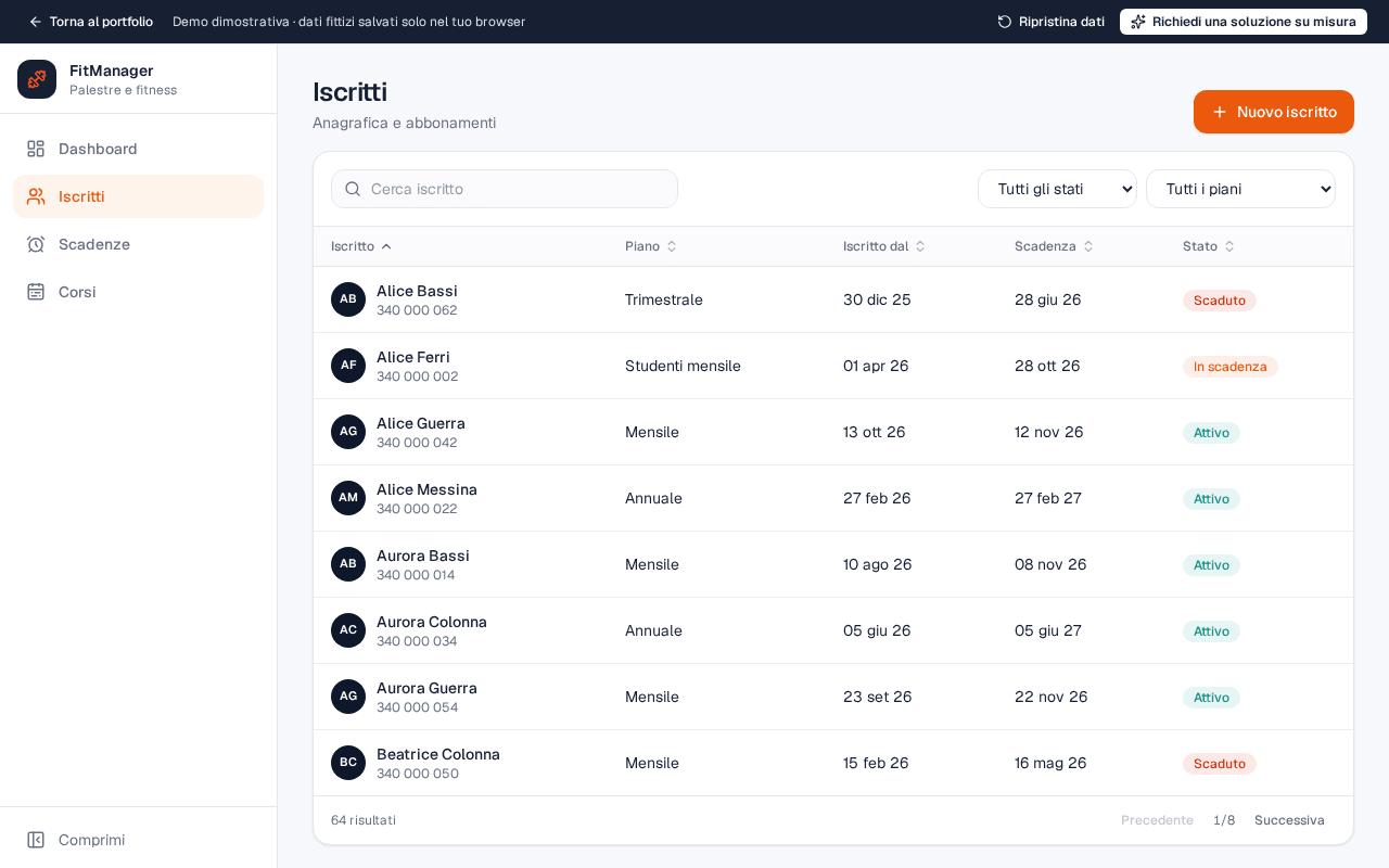 FitManager: anagrafica con ricerca — schermata con dati fittizi