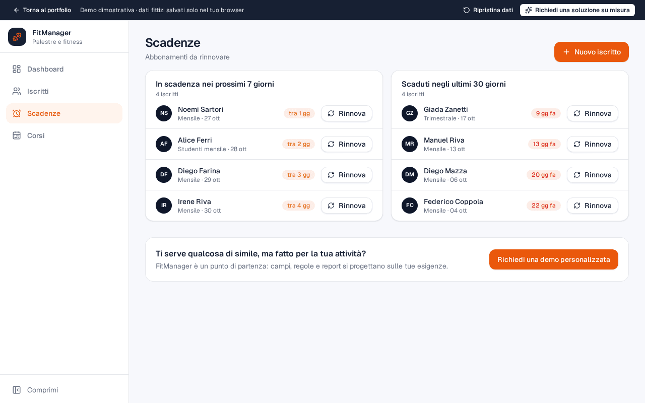 FitManager: abbonamenti in scadenza, in evidenza — schermata con dati fittizi