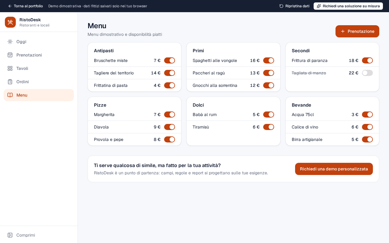 RistoDesk: menu con portate e prezzi — schermata con dati fittizi