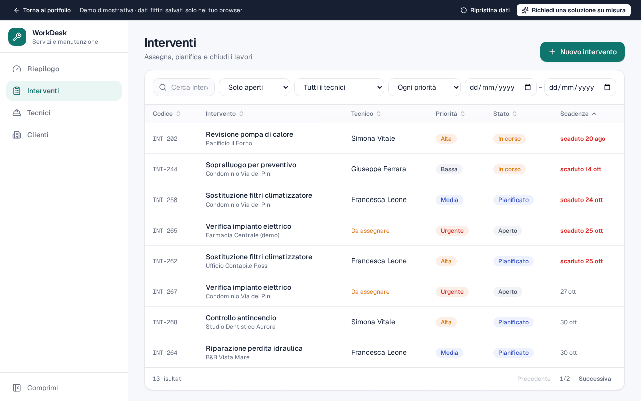 WorkDesk: interventi con stato, tecnico e scadenza — schermata con dati fittizi